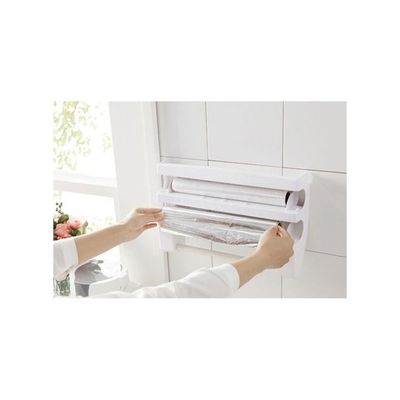 Multi-Function Kitchen Plastic Wrap Storage Rack With Cutter Aluminum Foil Becue Paper Towel White/Brown