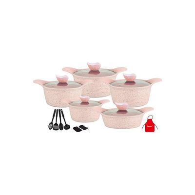 17-Piece Granite Cookware Set Includes 1xCasserole With Lid 20cm, 1xCsserole With Lid 24cm, 1xCasserole With Lid  28cm, 1xCasserole With Lid 32cm, 1xShallow Casserole With Lid 28cm, 7xCooking Tools Pink