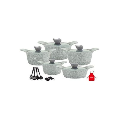 17-Piece Granite Cookware Set Includes 1xCasserole With Lid 20cm, 1xCsserole With Lid 24cm, 1xCasserole With Lid  28cm, 1xCasserole With Lid 32cm, 1xShallow Casserole With Lid 28cm, 7xCooking Tools Grey