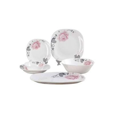 27-Piece Floral Printed Dinner Set White/Pink/Black 6xSquare Plate 11, 6xSquare Plate 8, 6xSquare Deep Plate 9, 6xWave Square Bowl 6, 2xSquare Oval Plate 13, 1xSpinning Square Bowl 9.5inch