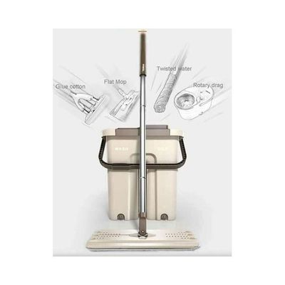 2-Piece Flat Wiper Mop With Bucket Set Grey/Brown/White 23.4x26.34cm
