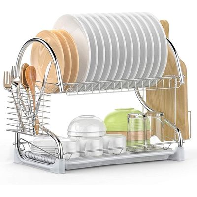 Dish Drying Rack Two Layer Stainless Steel Utensil Holder With Drain Board Silver