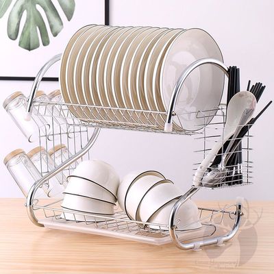 2-Tier Dish Drying Rack With Drain Board Silver/Green 37.5x25centimeter
