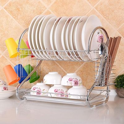 2-Tier Dish Drying Rack With Drain Board Silver/Green 37.5x25centimeter