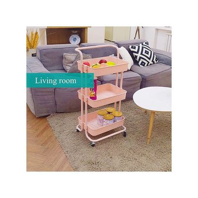 3 Tier Utility Rolling Storage Cart With Handles And Lockable Wheels Pink 43x36x86.5cm