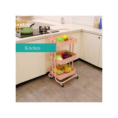 3 Tier Utility Rolling Storage Cart With Handles And Lockable Wheels Pink 43x36x86.5cm