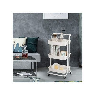 3 Tier Utility Rolling Storage Cart With Handles And Lockable Wheels Pearl White 43x36x86.5cm