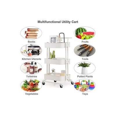 3 Tier Utility Rolling Storage Cart With Handles And Lockable Wheels Pearl White 43x36x86.5cm