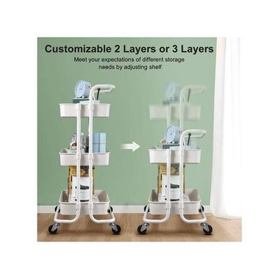 3-Tier Utility Cart Rolling Storage Shelf With Handles 2 Lockable Wheels White 86x42x30centimeter