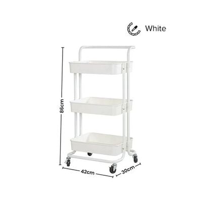 3-Tier Utility Cart Rolling Storage Shelf With Handles 2 Lockable Wheels White 86x42x30centimeter