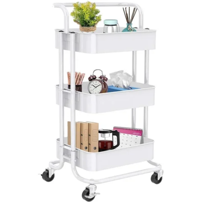 3-Tier Utility Cart Rolling Storage Shelf With Handles 2 Lockable Wheels White 86x42x30centimeter