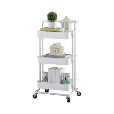 3 Tier Metal Rolling Utility Cart with Wheel White 44.00 x 17.50 x 34.00cm