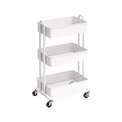 3-Tier Multifunctional Kitchen Cart With 2 Dividers And Hanging Bucket Metal Utility Rolling Cart White 43x36x76cm