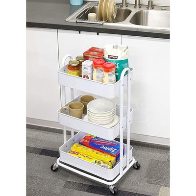 3-Tier Multifunctional Kitchen Cart With 2 Dividers And Hanging Bucket Metal Utility Rolling Cart White 43x36x76cm