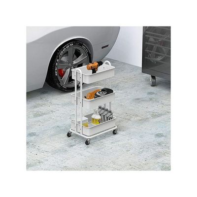 3-Tier Multifunctional Kitchen Cart With 2 Dividers And Hanging Bucket Metal Utility Rolling Cart White 43x36x76cm
