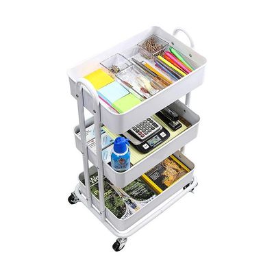 3-Tier Multifunctional Kitchen Cart With 2 Dividers And Hanging Bucket Metal Utility Rolling Cart White 43x36x76cm