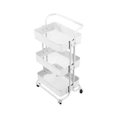 3 Tier Metal Utility Multipurpose Trolley Organizer Cart With Wheels For Office, Kitchen Bathroom Bedroom White/Black 43x36x87cm