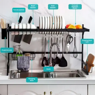 Multi Layer Kitchen Sink Drain Board Rack Black 34x85x89cm