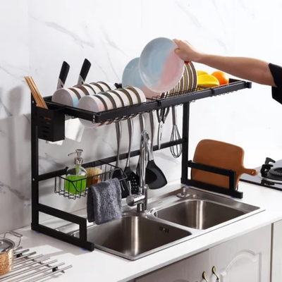 Multi Layer Kitchen Sink Drain Board Rack Black 34x65x89cm