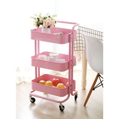 3-Tier Rolling Shelves Metal Cart Organizer Pink 85x45x35centimeter