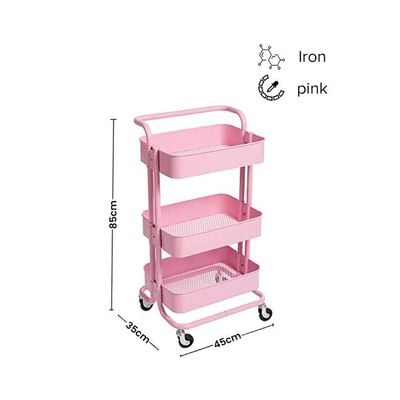 3-Tier Rolling Shelves Metal Cart Organizer Pink 85x45x35centimeter
