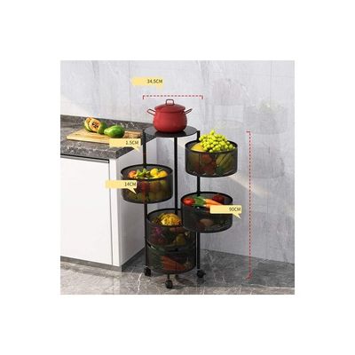 Multi-Layer Kitchen Storage Shelf Rotatable Steel Rack 4 Movable Wheels Fruit Vegetable Snack Organizer Stand Black 90cm