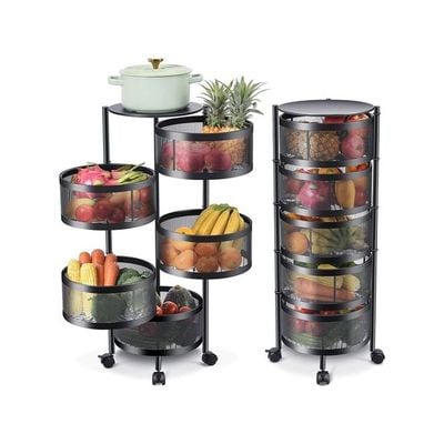 Multi-Layer Kitchen Storage Shelf Rotatable Steel Rack 4 Movable Wheels Fruit Vegetable Snack Organizer Stand Black 90cm