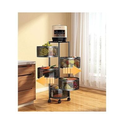 Multi-Layer Kitchen Storage Shelf Rotatable Steel Rack 4 Movable Wheels Fruit Vegetable Snack Organizer Stand Black 90cm