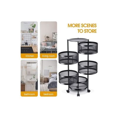 Multi-Layer Kitchen Storage Shelf Rotatable Steel Rack 4 Movable Wheels Fruit Vegetable Snack Organizer Stand Black 90cm