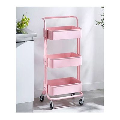 3 Tier Utility Rolling Storage Cart With Handles And Lockable Wheels Pink 43x36x86.5cm