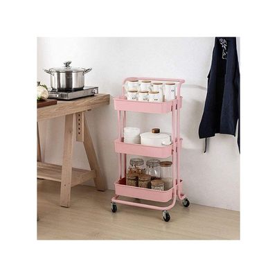 3 Tier Utility Rolling Storage Cart With Handles And Lockable Wheels Pink 43x36x86.5cm