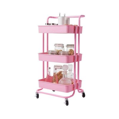 3 Tier Utility Rolling Storage Cart With Handles And Lockable Wheels Pink 43x36x86.5cm