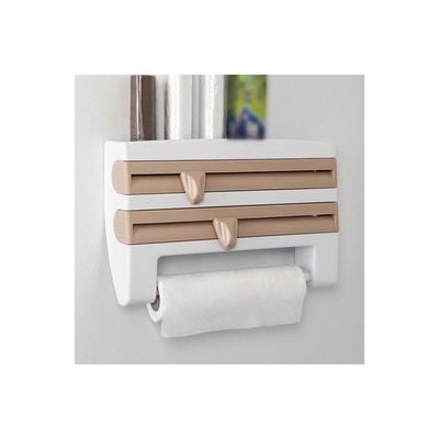 3 In 1 Kitchen Storage Rack Plastic Wrap Cling Film Foil Dispenser Brown/White 39X10X24cm