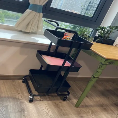 3 Tier Rolling Shelves Metal Cart Organizer black 85x45x35cm