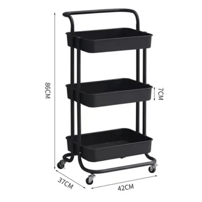 3 Tier Rolling Shelves Metal Cart Organizer black 85x45x35cm