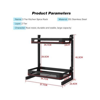 Spice Rack Organizer 2 Tier Countertop Utensil Holder Freestanding Shelf For Jars Bottles Cutlery Chopping Board with 3 Hooks Black 43*10.5*24.5cm