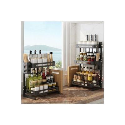 Spice Rack Organizer 2 Tier Countertop Utensil Holder Freestanding Shelf For Jars Bottles Cutlery Chopping Board with 3 Hooks Black 43*10.5*24.5cm