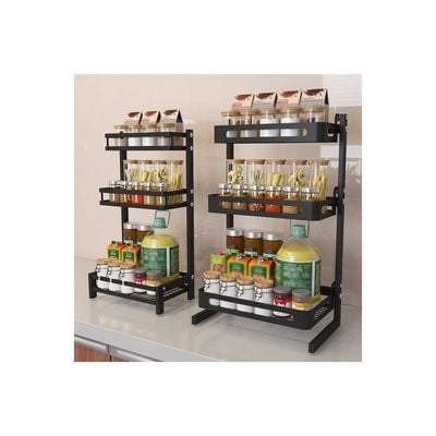 Spice Rack Organizer 2 Tier Countertop Utensil Holder Freestanding Shelf For Jars Bottles Cutlery Chopping Board with 3 Hooks Black 43*10.5*24.5cm