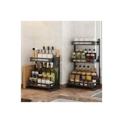 Spice Rack Organizer 3 Tier Countertop Utensil Holder Freestanding Shelf For Jars Bottles Cutlery Chopping Board With 3 Hooks Black 31*9*23cm