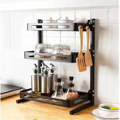 Spice Rack Organizer 3 Tier Countertop Utensil Holder Freestanding Shelf For Jars Bottles Cutlery Chopping Board With 3 Hooks Black 31*9*23cm