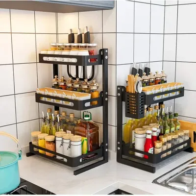 Spice Rack Organizer 3 Tier Countertop Utensil Holder Freestanding Shelf For Jars Bottles Cutlery Chopping Board With 3 Hooks Black 31*9*23cm