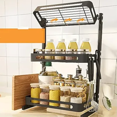 Spice Rack Organizer 3 Tier Countertop Utensil Holder Freestanding Shelf For Jars Bottles Cutlery Chopping Board With 3 Hooks Black 31*9*23cm