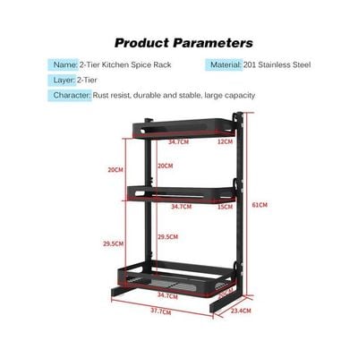 3 Tier Spice Rack Organizer Countertop Includes Cutlery Chopsticks Shelf Utensil Holder Freestanding For Jars Bottles Chopping Board With Removable Hooks Black 63*11*24.5cm