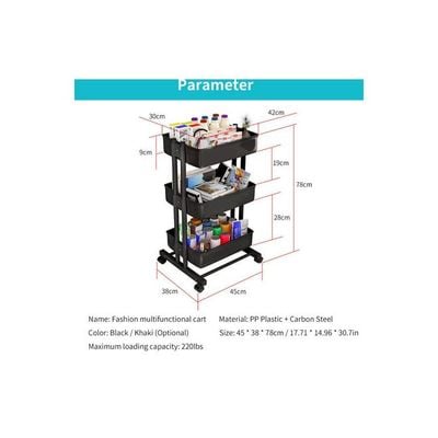 3 Tier Rolling Storage Utility Cart Black 45x38x78cm