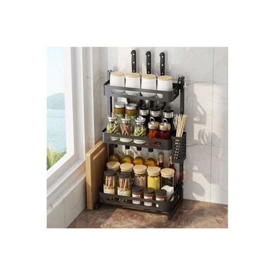 3-Tier Spice Countertop Organizer Rack With Utensil Holder Shelf Black 63*11*24.5cm