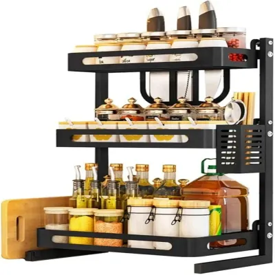 3-Tier Spice Countertop Organizer Rack With Utensil Holder Shelf Black 63*11*24.5cm