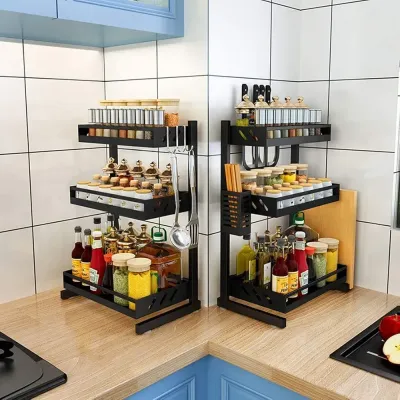 3-Tier Spice Countertop Organizer Rack With Utensil Holder Shelf Black 63*11*24.5cm