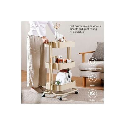 3-Tier Metal Utility Cart On Wheels Rolling Storage Beige