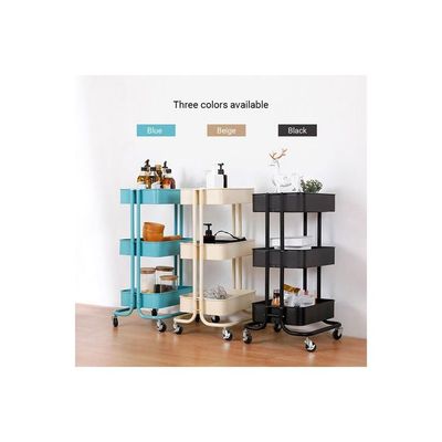 3-Tier Metal Utility Cart On Wheels Rolling Storage Beige