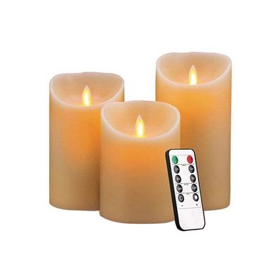 3-Pieces Battery Operated Flameless Real Wax Candle Light With Remote Control Yellow